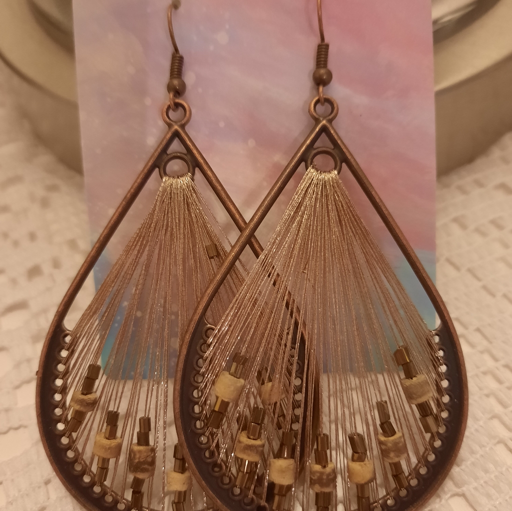 Cora String Teardrop Earrings Ethnic Tribal Brown Vintage Retro Bohemian